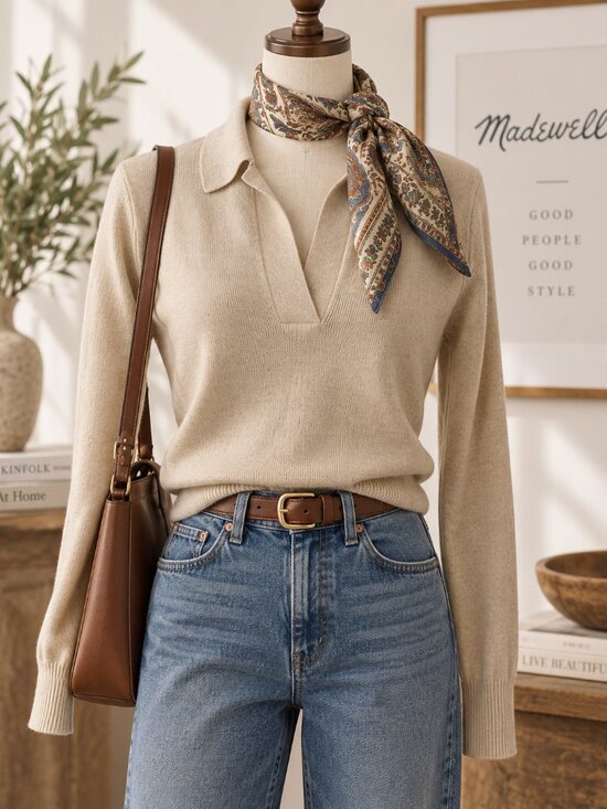 Madewell Sweaters - Madewell 100% Merino Wool Polo Sweater XS Beige Collared Preppy Fall Knit